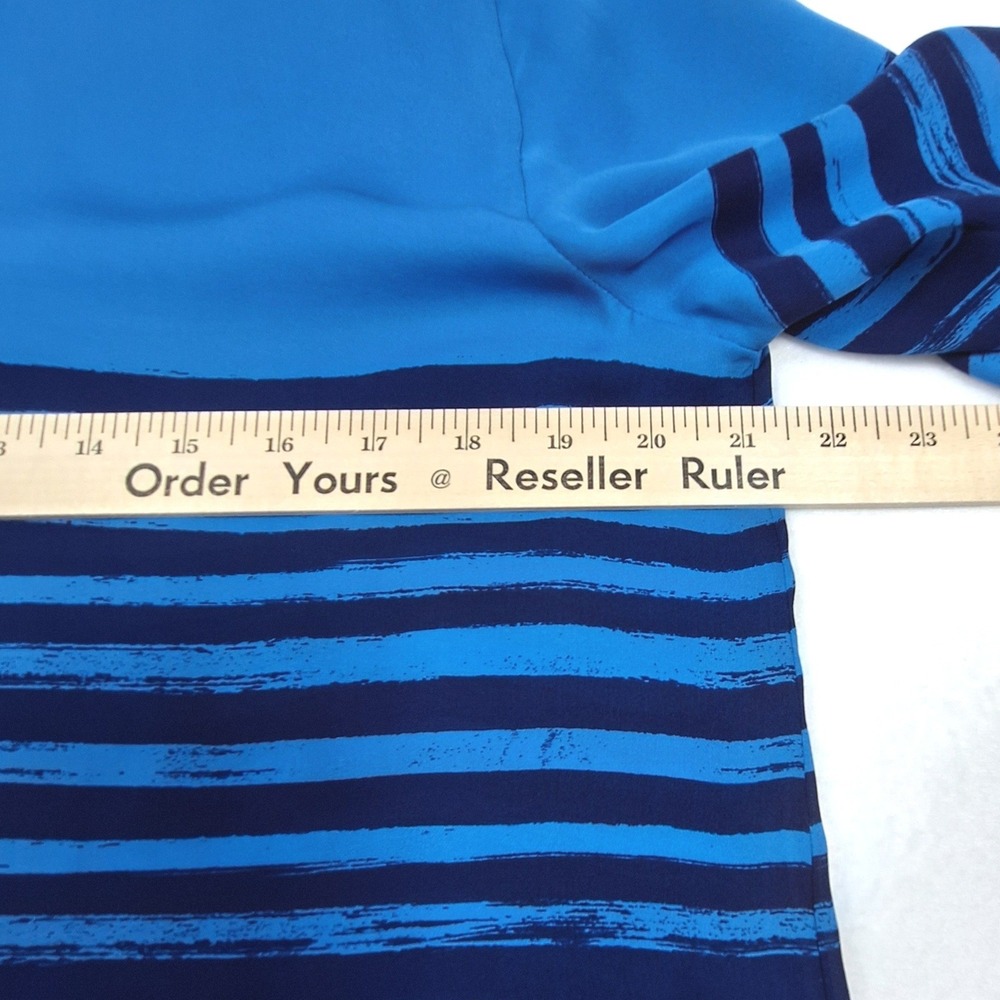 Vince Blouse Womens Large Blue Striped Colorblock 100% Silk Short Sleeve Top - Picture 6 of 10